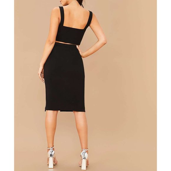 Black Crop Top Fitted and Side Slit Skirt Set - Picture 2 of 6